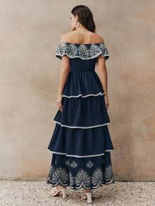 Anewsta Summer Holiday Outfit Romantic Off-Shoulder Ruffle Hem Cake Elegant Ladies Vacation Dress Bohemian Dresses For Women Mediterranean Style Clothes French Style Dress - Navy Blue - View 2