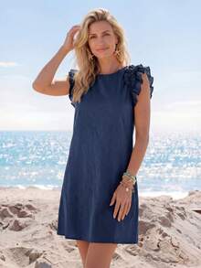 Sylviya Holiday Woven Solid Color Ruffle Decorated Mini Dress With Integrated Strap For Women - Navy Blue - View 3