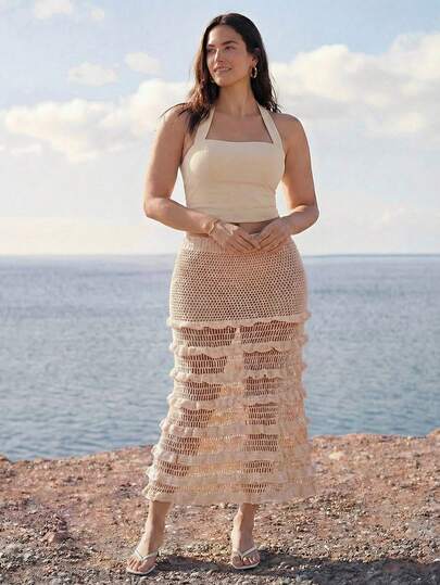 Juhart Milky White Multi-Layer Ruffled Hollow Out Knit Skirt, Layered Ruffles Bring Vitality And Youthfulness, Niche Yet Sophisticated, Ideal For Dates And Commuting, Easily Become The Focus In The Crowd