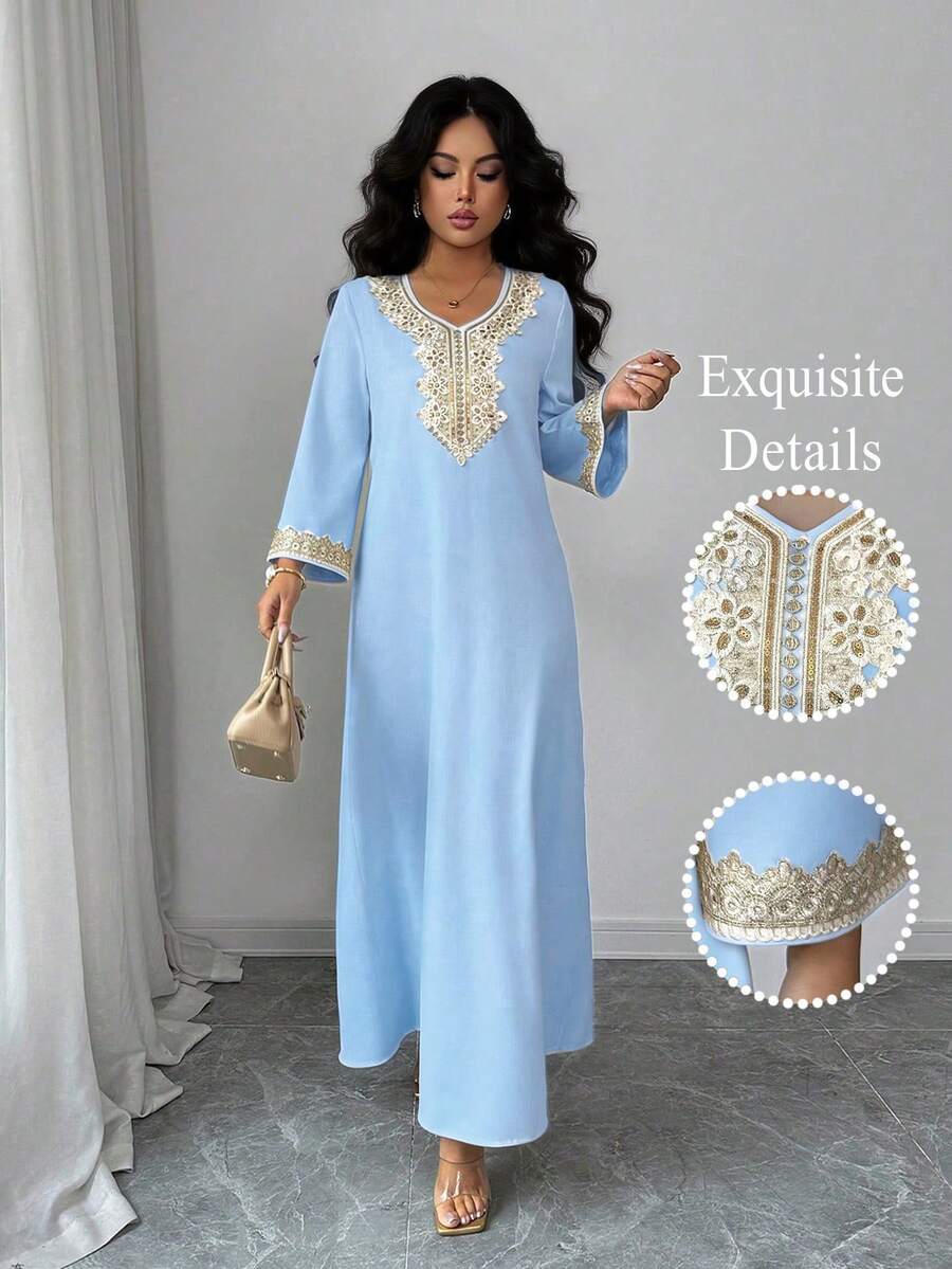 Elenzga Đầm dài tay xẻ tà thanh lịch dành cho nữ, phối nhiều dải ruy băng, thích hợp cho mùa xuân/hè. - Màu xanh nhạt - Xem 1