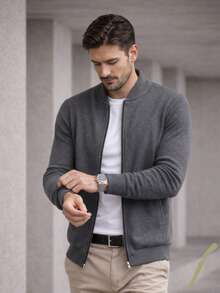 Men's Grey Bomber Sweater With Front Closure | Moderno - Grey - View 2