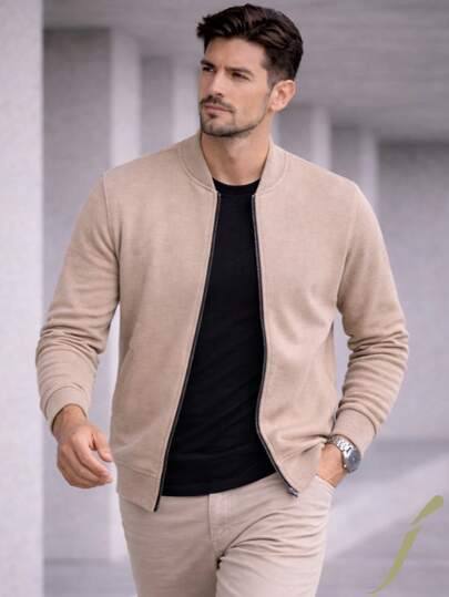 Suéter Bomber de Punto Color Beige para Hombre con Cierre Frontal | Estilo Casual Moderno