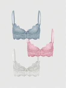 ROMWE Set de 3 bralettes casuales sin aros con adorno de encaje - Multicolor - Ver 2