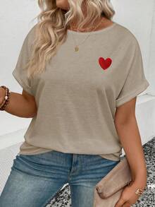 EMERY ROSE New Arrival Plus Size Women Heart Print Round Neck Short Sleeve T-Shirt - Khaki - View 3