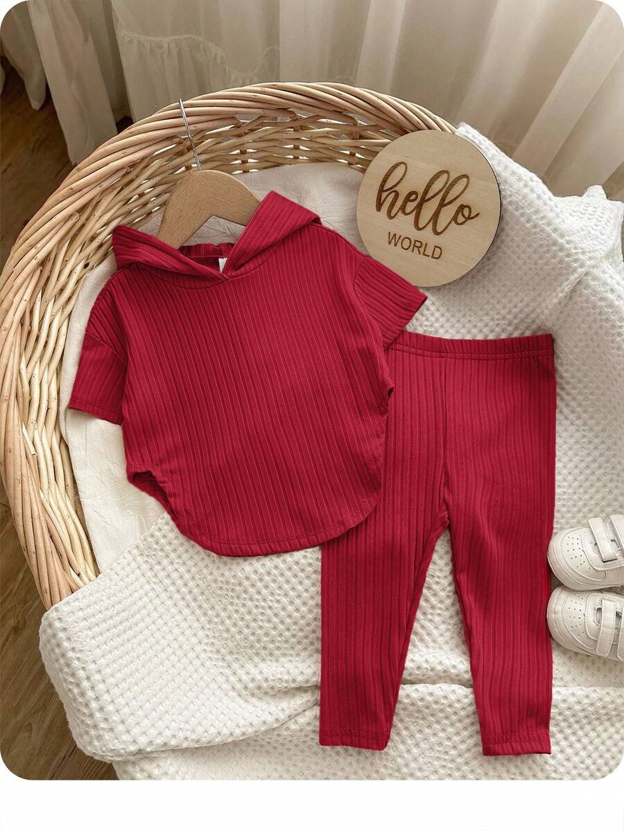 Babygirl Cute Simple Solid Color Knit Elastic Short Sleeve Hoodie Top And Drawstring Waist Pants Set,Kids - Red - View 1