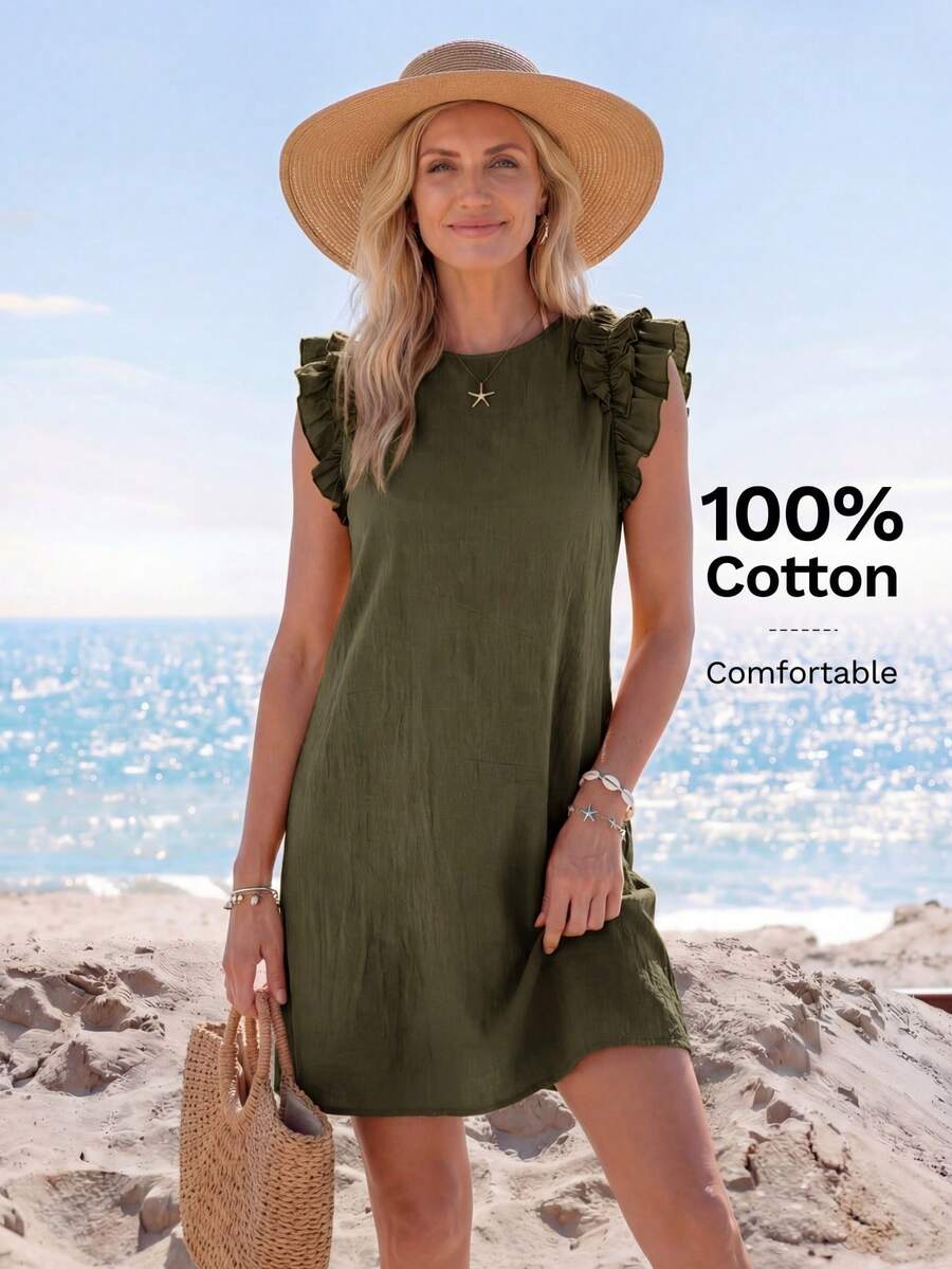 Sylviya Solid Color Ruffle Trim Vacation Mini Dress For Women - Army Green - View 1