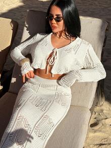 EURMUSE Open-Knit Lace Pattern Cardigan & Maxi Skirt Co-Ord Set - Apricot - View 7