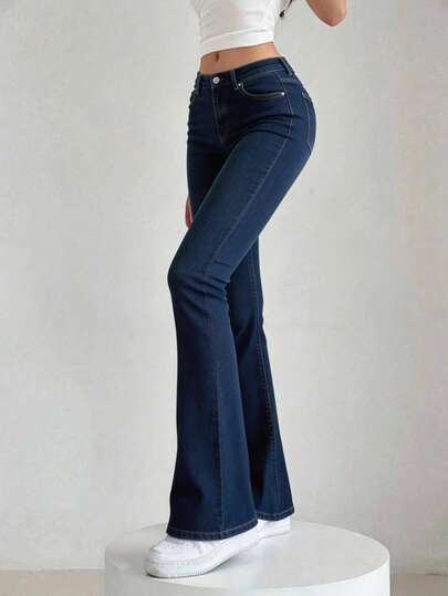 Mezclilla Mujer Acampanado Stretch Tiro Alto Azul Jeans Curvy Casual Sexy Bolsas Reales Cintura Alta