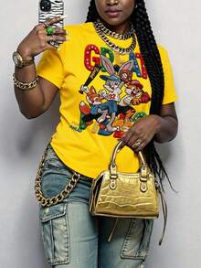Maweii Plus Size Casual Cartoon Print T-Shirt, Summer - Yellow - View 3