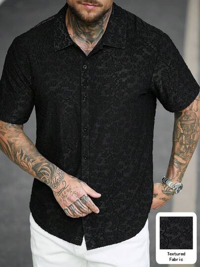Manfinity CasualCool Men's Short Sleeve Textured Fabric Shirt, Suitable For Casual, Outdoor, Party, And Vacation Wear Mens Lace Mesh Shirt Mens Black Lace Shirt Mens Embroidered Shirt Lace Shirt For Men Mens Floral Pattern Shirt Old Money,Daily Leisure, Weekend Trips, Outdoor Activities, Travel Expeditions, Relaxed Work Environments Or Semi-Formal Occasions, Boyfriend/Husband Gift, Anniversary /Birthday Gift Party Summer Vacation Holiday,Beach Clothes Hawaiian Wedding,Spring To Summer
