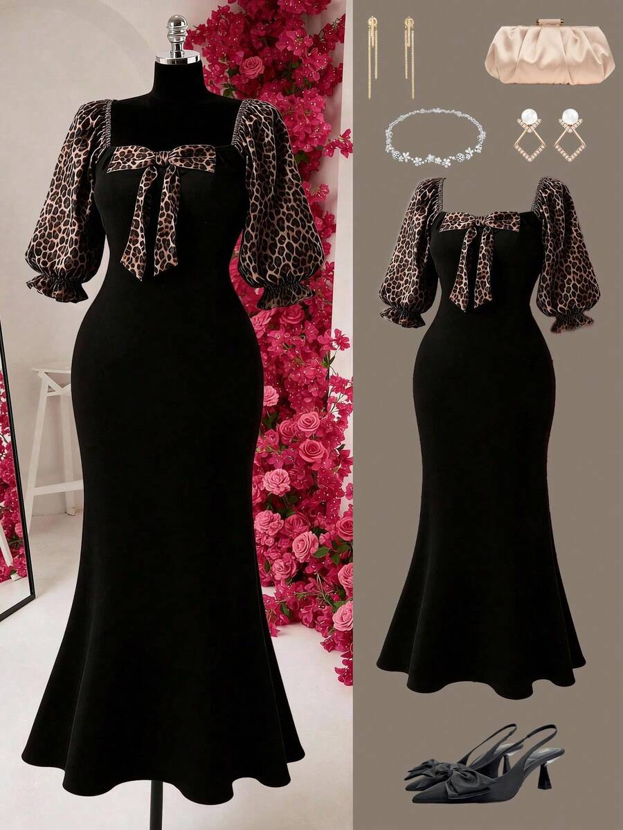 Rometta Plus Size Women's Summer New Leopard Print Patchwork Square Neck Slimming Bow Decor Fashion Elegant Sophisticated Sexy Long Dress, Suitable For Daily Casual, Commute, Shopping - Multicolor - View 1