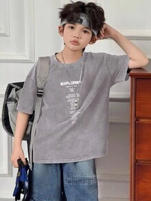 DAZY 男童标语印花圆领短袖休闲T恤 夏季 - 淺灰色 - 查看 4