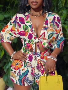 Slaydiva Spring/Summer New Vacation Twist Front Hollow-Out 3/4 Sleeve Loose Romper/New Music Festival/Western /Boho/Easter/Nashville/Casual All-Match Versatile Leisure/Travel Beach Sunbathing/Vacation/Tropical Print - Multicolor - View 1