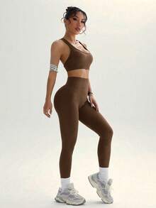 SHEIN Sports 女士露脐背心和紧身裤运动套装 - 咖啡棕 - 查看 2