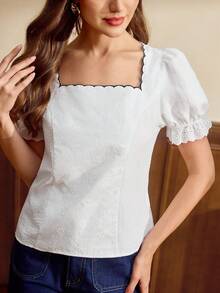 Vintamour 復古優雅女款刺繡襯衫，修身波浪下擺短袖黑白上衣，夏季休閒早午餐度假上班穿著，女式襯衫 - 白色 - 查看 8