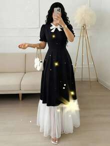 SHEIN Elenzya Square Neck Butterfly Print Ruffle Hem Mid-Length Dress, Suitable For Dates, Outings, Vacations, Holidays, Independence Day, Back To School, Teacher Outfits, Weddings, Parties, Music Festivals, Oktoberfest, Halloween, Thanksgiving And Other Occasions - Black - View 7