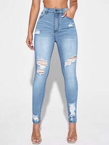 Selenza High Waist Ripped Skinny Jeans - Light Wash - View 2