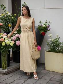 SHEIN Frenchy Đầm không tay cổ tròn, eo khoét rỗng, màu trơn dành cho nữ, thích hợp cho kỳ nghỉ. - Màu be - Xem 9