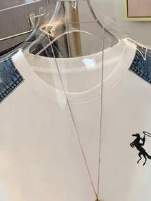 Resyla Authentic Embroidered, Fashionable Denim Effect Round Neck Women T-Shirt, Suitable For Daily And Formal Occasions - White - View 3