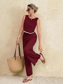 SHEIN Frenchy 女士弧形下摆圆领背心和裤子两件套 - 酒紅色 - 查看 4