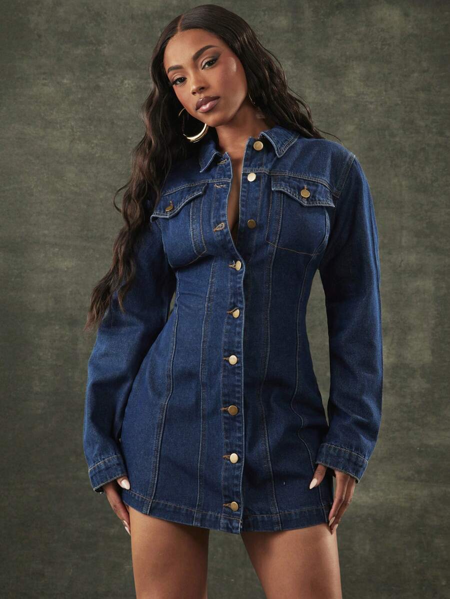 Denimoi Đầm denim ngắn nữ cài cúc phía trước, thắt eo - Rửa tối - Xem 1