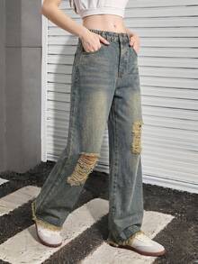 SHEIN Quần jeans rách kiểu vintage Y2K cho bé gái, quần ống đứng rộng rãi thoải mái, cạp chun co giãn, màu xanh nhạt, phù hợp cho mọi mùa, chất liệu thoải mái. - Rửa trung bình - Xem 7