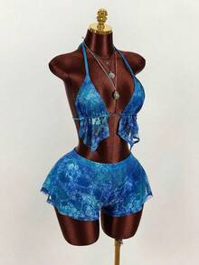 Amplova 女士春季新款蕾丝渐变图案低胸吊带背心和低腰短裤套装 - 彩色 - 查看 5