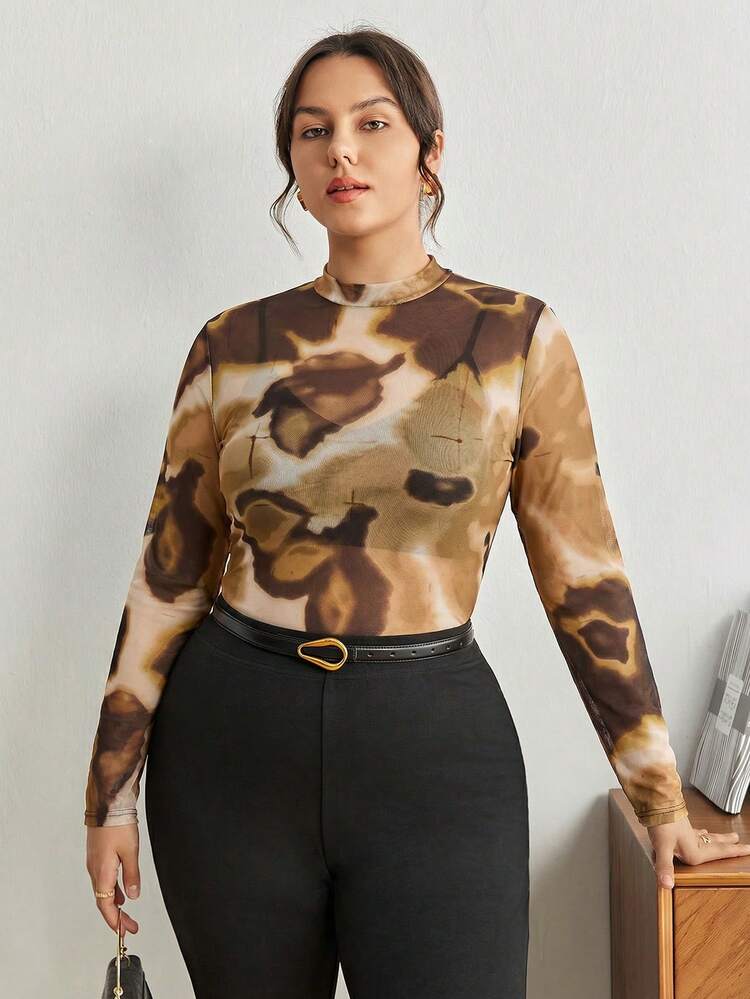 SHEIN Maija Plus Size Women Sheer Pattern Long Sleeve Fitted Blouse Women's Long Sleeves Tops Camouflage Outfit For Women Plus Size Women 2 Pieces Outfit Casual Women's Sheer Mesh Tops Plus Size Tops For Women Camouflage Women's Tops Women's Patterned Long Sleeve Long Sleeve Tops For Women