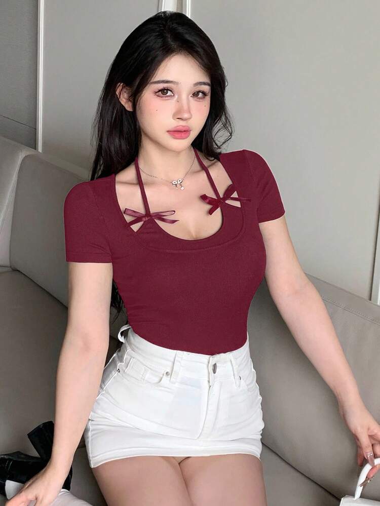 Women's Summer Halter Bowknot Decor Sexy Casual Slim Fit Short Sleeve T-Shirt