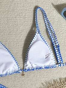 Swim Mod 2026新款女士夏季沙滩休闲度假碎花蓝色吊带金属星星吊坠露背性感高腰两件式比基尼泳衣 - 藍色 - 查看 6