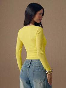 SHEIN BAE Women's Solid Color Pleated Long Sleeve Fitted Fashion T-Shirt - Yellow - View 2