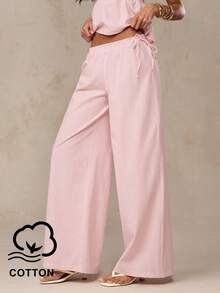 SHEIN BAE 春夏粉色亚麻条纹系带荷叶边装饰松紧腰带口袋细节阔腿裤，适合海滩、度假、可爱裤装、意大利度假、伊比沙岛、条纹裤、夏季裤装、休闲裤 - 粉色 - 查看 1