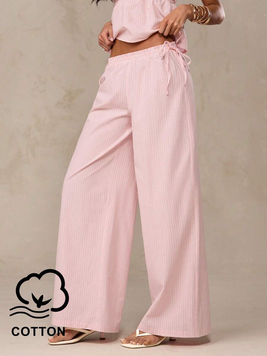 SHEIN BAE 春夏粉色亚麻条纹系带荷叶边装饰松紧腰带口袋细节阔腿裤，适合海滩、度假、可爱裤装、意大利度假、伊比沙岛、条纹裤、夏季裤装、休闲裤 - 粉色 - 查看 1