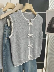 Franclia New Korean Design Contrast Stitching Layered Knit Vest For Women, Fashionable Sleeveless Cardigan Top For Autumn/Winter - Light Grey - View 6