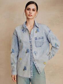 Anewsta 新款时尚重工刺绣海鲜图案蓝色牛仔衬衫，女士款 - 藍色 - 查看 5