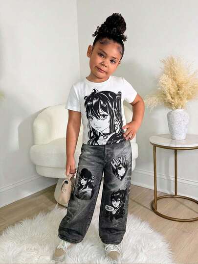 女童休闲圆领可爱卡通印花T恤和喇叭裤套装