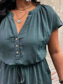 EMERY ROSE Plus Size Casual Everyday Comfortable Cotton Jumpsuit With Raglan Sleeves And Waist Cinching - Blue - View 4