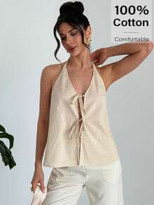 Firerie Women's Elegant Front Bow Tie Halter Linen Blouse - Apricot - View 4
