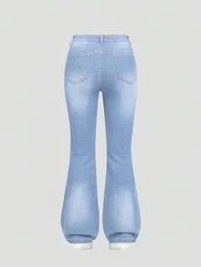 SHEIN Explorewe Vaqueros acampanados con lavado intenso, elásticos y versátiles de moda Y2K para adolescentes - Lavado ligero - Ver 2