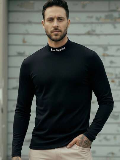 GENTILAND Men Regular Letter Graphic Mock Neck Long Sleeve Urban Tee, Boyfriend Gift, Fall