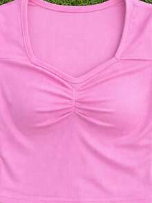 Crop Top Rosa Pastel con Fruncido al Frente y Escote Corazón - Rosa - Ver 5