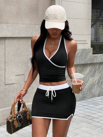 Dewbera Women's Colorblock Sports Skirt With Shorts, Featuring 2 In 1 Design, Waist Drawstring, A-Line Silhouette, Side Slit, Pockets, Suitable For Casual Wear, Running, Yoga, Gym, Tennis, Golf