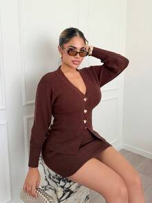 Maria Perezxox 女士新款秋冬百搭日常穿搭落肩收腰针织开衫V领长款落肩修身迷你裙两件套，复古风格针织套装 - 咖啡棕 - 查看 3