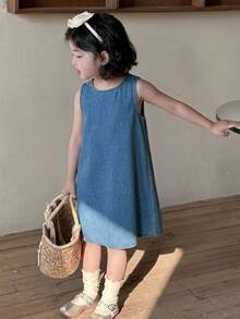 DAZY Đầm hè cho bé gái (trẻ nhỏ), đầm công chúa không tay thắt nơ, đầm denim cho trẻ em. - Màu xanh lam - Xem 3