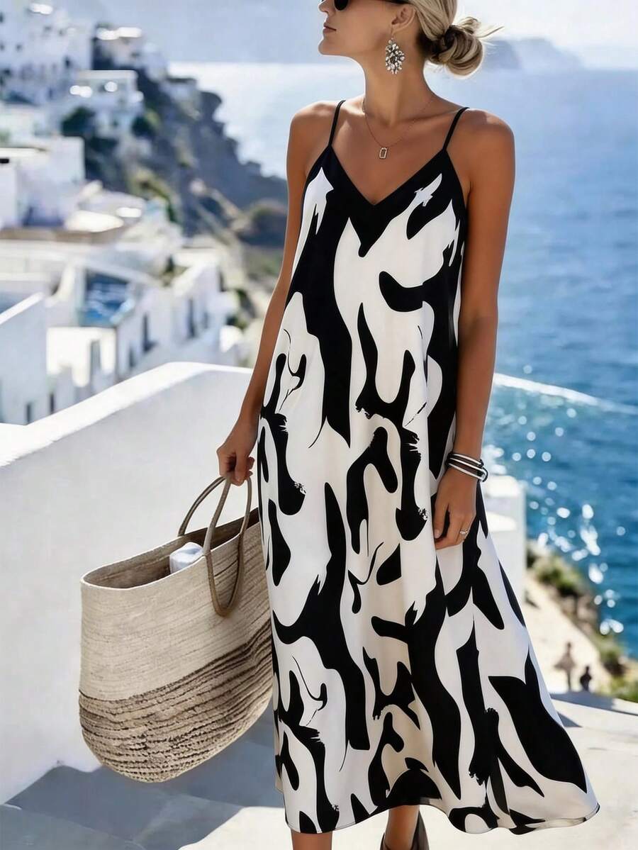 女士花卉印花 A 字形宽松度假休闲长款吊带连衣裙 - 彩色 - 查看 1