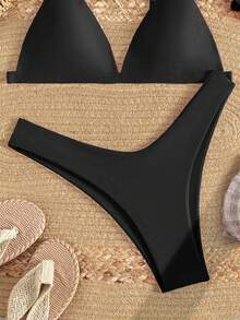 Swim Basics Solid Color Sexy Bikini Swimsuit For Beach Vacation - Black - View 5