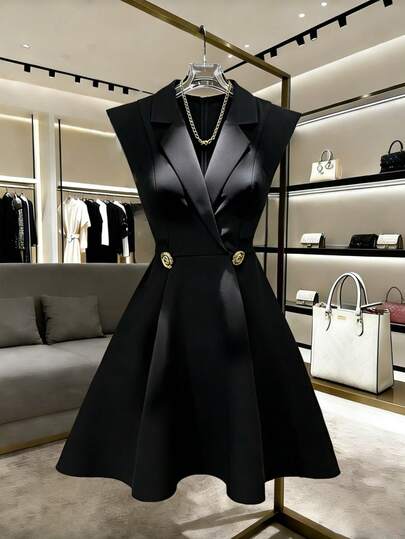 Franclia Women's Black Elegant Dress, Deep V-Neck With Metal Button Decor, A-Line Short Dress