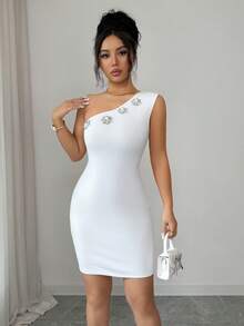 Balvessa Women's Elegant Minimalist Commuter Dress With Embellished Shoulder, Spring/Summer - White - View 7