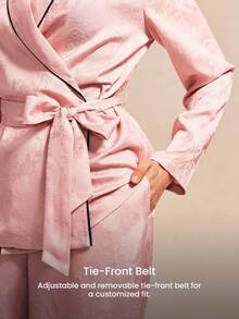 LUVLETTE 优雅日常休闲粉色缎面睡衣套装 - 裹身式上衣和黑色滚边阔腿裤，时尚家居服睡衣婚礼单品 - 粉色 - 查看 9