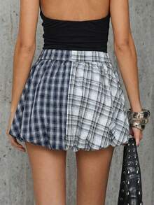 MainGRL 女士休闲褶裥格子半身裙，腰部有褶皱 - 黑色 - 查看 2